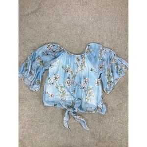 Viola Borghi Cherry Blossom Silk Blend Tie Front Top Womens M Blue Bell Sleeve